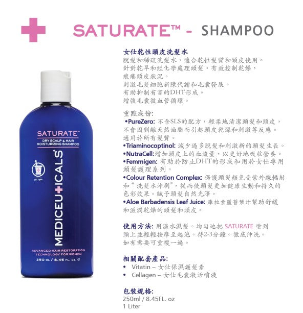 Mediceuticals Saturate Shampoo For Women (Dry Scalp & Hair Moisturizing) 250ml, 1000ml 女士幹淨頭皮洗髮水